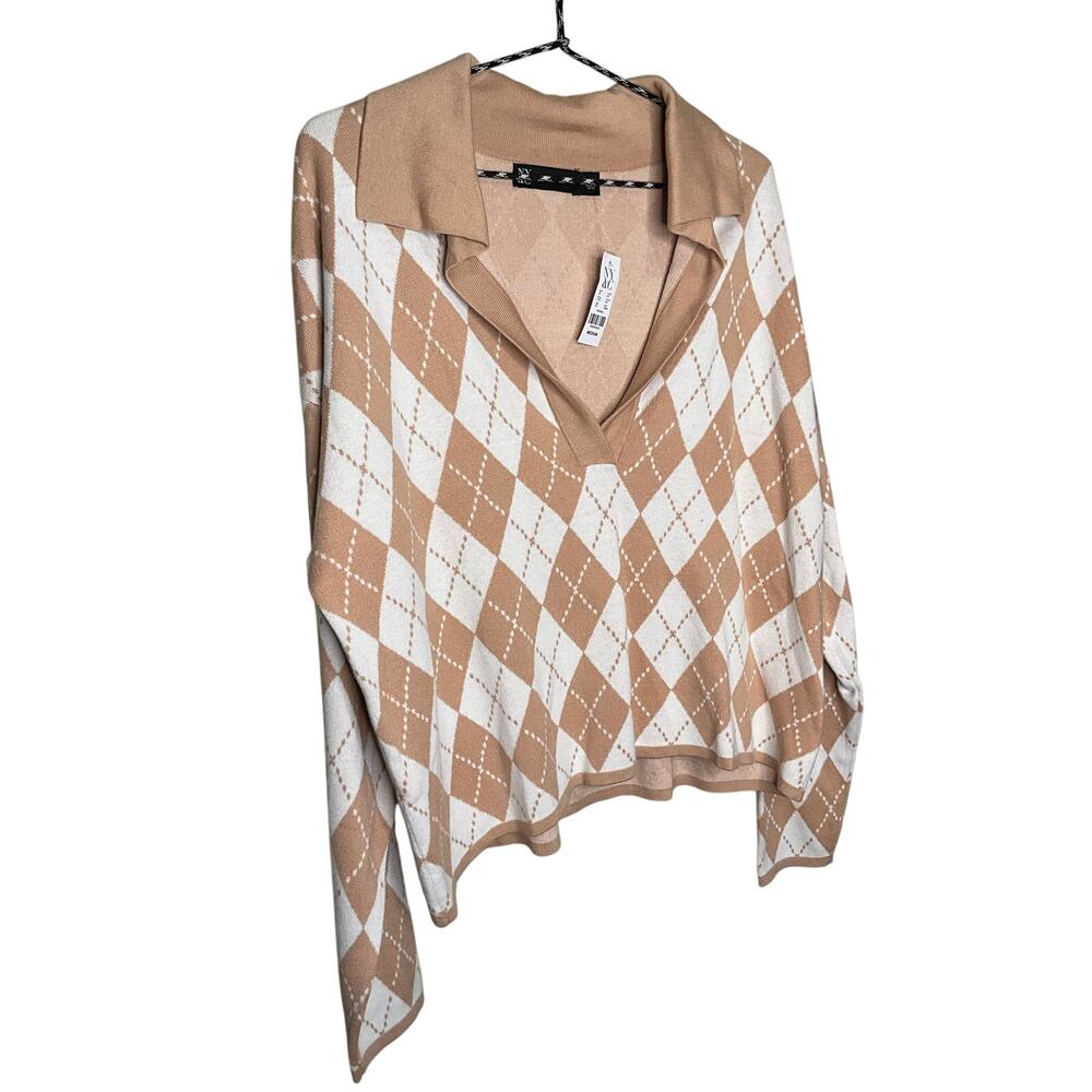 New York & Company Argyle Knit Sweater Collared V-Neck Pullover Beige Size M NWT
